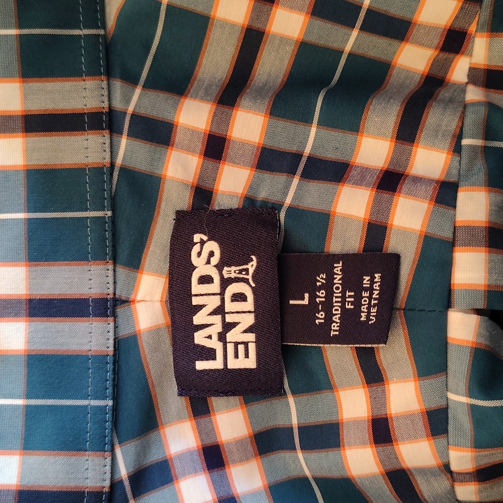 Land's End Shirt Size L Plaid Button Down Long Sleeve Cotton Office Casual Green - Picture 3 of 13